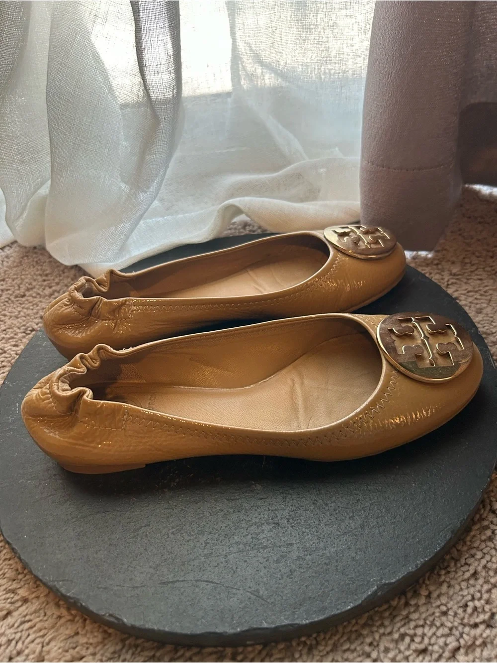 Tory Burch Tan Leather Logo Ballet Flats with Gold Medallions